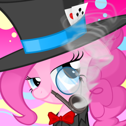 Size: 1500x1500 | Tagged: safe, artist:sunyup, character:pinkie pie, bow tie, card, clothing, hat, lidded eyes, monocle, monocle and top hat, pipe, smoking, top hat
