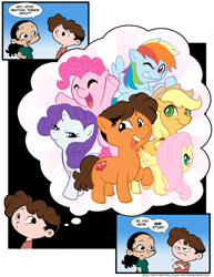 Size: 600x776 | Tagged: safe, artist:kevinbolk, character:applejack, character:fluttershy, character:pinkie pie, character:rainbow dash, character:rarity, character:twilight sparkle, species:human, species:pony, brony, comic, daydream, glasses, mane six, ponified, welcome to the herd