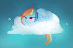 Size: 1189x790 | Tagged: safe, artist:vella, character:rainbow dash, blushing, cloud, cute, female, frown, looking down, sad, solo