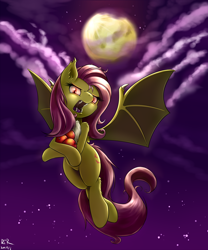 Size: 1250x1500 | Tagged: safe, artist:renatethepony, character:flutterbat, character:fluttershy, species:bat pony, apple, chest fluff, ear fluff, female, flying, hissing, moon, night, solo, spread wings, wings