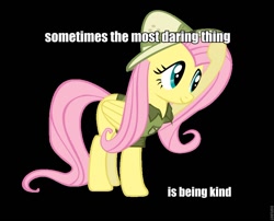 Size: 900x727 | Tagged: safe, artist:ninjamissendk, edit, character:daring do, character:fluttershy, accessory swap, caption, clothing, costume, female, hat, image macro, meme, pith helmet, roflbot, solo