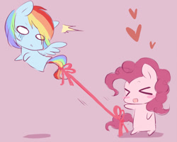 Size: 800x640 | Tagged: safe, artist:r-1629, character:pinkie pie, character:rainbow dash, ship:pinkiedash, >u<, blushing, chibi, cute, dashabetes, diapinkes, female, heart, lesbian, nervous, pixiv, red string of destiny, shipping, surprised, tail bow, tied
