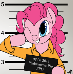 Size: 1321x1335 | Tagged: safe, artist:bananimationofficial, character:pinkie pie, female, mugshot, prison outfit, prisoner pp, solo, wink