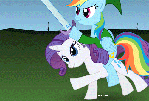 Size: 500x342 | Tagged: safe, artist:jacob kitts, character:rainbow dash, character:rarity, species:pegasus, species:pony, species:unicorn, animated, crossover, female, horsebackriding, link, mare, nintendo, parody, ponies riding ponies, riding, sword, the legend of zelda
