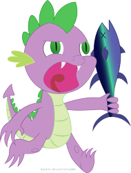 Size: 5381x7079 | Tagged: safe, artist:kylami, character:spike, species:dragon, absurd resolution, dead, fish, male, solo, tuna, x eyes