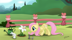 Size: 1920x1080 | Tagged: safe, artist:zonra, character:angel bunny, character:fluttershy, flower, mouse, watering can