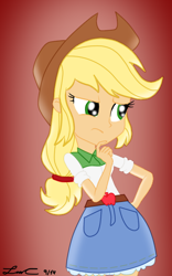 Size: 424x678 | Tagged: safe, artist:lisan1997, character:applejack, my little pony:equestria girls, clothing, cowboy hat, denim skirt, female, gradient background, hat, signature, skirt, solo, stetson, thinking