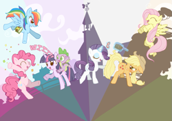 Size: 701x496 | Tagged: safe, artist:masa_0006, character:applejack, character:fluttershy, character:pinkie pie, character:rainbow dash, character:rarity, character:spike, character:twilight sparkle, species:dragon, species:earth pony, species:pegasus, species:pony, species:unicorn, blushing, clothing, cowboy hat, eyes closed, female, freckles, hat, male, mane seven, mane six, mare, open mouth, pixiv, smiling, stetson