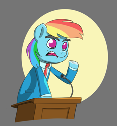 Size: 805x867 | Tagged: dead source, safe, artist:dr-waveband, character:rainbow dash, species:pony, female, mare, microphone, necktie, open mouth, podium, semi-anthro, simple background, solo, underhoof, wingless