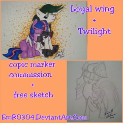 Size: 1024x1024 | Tagged: safe, artist:emr0304, character:twilight sparkle, character:twilight sparkle (alicorn), oc, oc:loyal wing, species:alicorn, species:pony, canon x oc, female, mare, shameless advertising