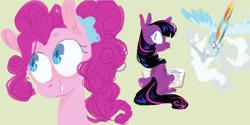 Size: 1240x621 | Tagged: safe, artist:sugaryboogary, character:pinkie pie, character:rainbow dash, character:twilight sparkle, character:twilight sparkle (alicorn), species:alicorn, species:pony, female, mare