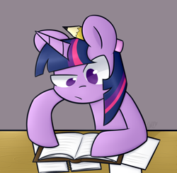 Size: 1024x1000 | Tagged: safe, artist:flutternutpie, character:twilight sparkle, species:pony, species:unicorn, book, female, mare, no pupils, paper, pencil, simple background, solo, studying