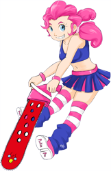 Size: 600x928 | Tagged: safe, artist:diasfox, character:pinkie pie, species:human, belly button, chainsaw, cheerleader, cheerleader pinkie, female, humanized, lollipop chainsaw, midriff, shoes, simple background, sneakers, solo, transparent background