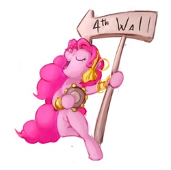 Size: 1209x1200 | Tagged: safe, artist:maxtaka, character:pinkie pie, species:pony, friendship is witchcraft, bipedal, eyes closed, female, fourth wall, gypsy pie, musical instrument, sign, solo, tambourine
