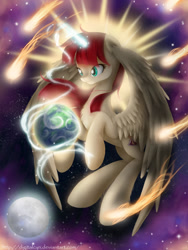 Size: 1351x1800 | Tagged: safe, artist:digitalcyn, oc, oc only, oc:fausticorn, species:alicorn, species:pony, chest fluff, creation, earth, epic, female, goddess, magic, magic aura, mare, moon, planet, pony bigger than a planet, solo, space, sun