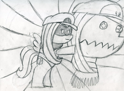 Size: 1039x766 | Tagged: safe, artist:thebigapple, character:fluttershy, bro-bot, clothing, costume, crossover, hat, luigi, mask, monochrome, mr. l, nintendo, paper mario, parody, ponified, robot, sketch, super mario bros., super paper mario, traditional art