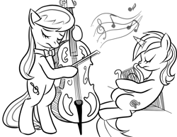 Size: 857x661 | Tagged: safe, artist:explosivegent, character:lyra heartstrings, character:octavia melody, species:pony, bipedal, cello, eyes closed, lyre, monochrome, music, music notes, musical instrument, performance, playing
