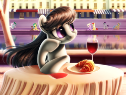 Size: 1600x1200 | Tagged: safe, artist:chryseum, character:octavia melody, character:sunshower raindrops, character:twinkleshine, species:earth pony, species:pony, beautiful, croissant, detailed, female, food, glass, hoof on cheek, mare, plate, scenery, sitting, smiling, solo focus, table, windswept mane, wine