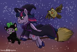 Size: 1000x667 | Tagged: safe, artist:sandy--apples, character:owlowiscious, character:spike, character:twilight sparkle, character:twilight sparkle (alicorn), species:alicorn, species:pony, annoyed, broom, catsuit, clothing, costume, female, flying, flying broomstick, halloween, hat, mare, night, smiling, stars, witch, witch hat