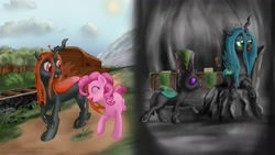 Size: 1191x670 | Tagged: safe, artist:taggerung, character:pinkie pie, character:queen chrysalis, oc, species:changeling, changeling queen, red changeling