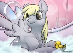 Size: 900x653 | Tagged: safe, artist:chubby-kirin, character:derpy hooves, species:pegasus, species:pony, bath, female, mare, rubber duck, solo