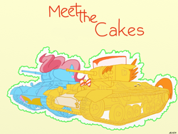 Size: 1600x1200 | Tagged: safe, artist:alvchfokarev, character:carrot cake, character:cup cake, ship:carrot cup, female, male, pony tank, shipping, straight, tank (vehicle)