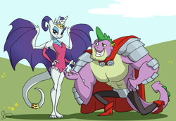 Size: 2799x1926 | Tagged: safe, artist:multiversecafe, character:rarity, character:spike, species:anthro, species:dragon, ship:sparity, armor, beefspike, cape, cloak, clothing, dragonified, female, jewelry, kneeling, leotard, male, raridragon, shipping, species swap, spread wings, straight, tiara, wings