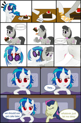 Size: 600x901 | Tagged: safe, artist:gimpcowking, character:bon bon, character:dj pon-3, character:octavia melody, character:sweetie drops, character:vinyl scratch, bait and switch, cake, comic, female, lesbian, shipping