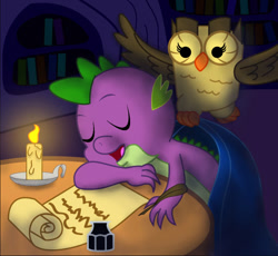 Size: 598x550 | Tagged: safe, artist:gimpcowking, character:owlowiscious, character:spike, candle, ink, scroll, sleeping