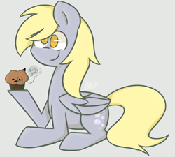 Size: 1024x922 | Tagged: safe, artist:flutternutpie, character:derpy hooves, species:pegasus, species:pony, clothing, dialogue, facial hair, female, gray background, hat, mare, monocle, moustache, muffin, simple background, solo, top hat