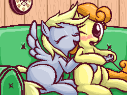 Size: 256x192 | Tagged: safe, artist:auraion, character:carrot top, character:derpy hooves, character:golden harvest, species:pegasus, species:pony, ship:derpytop, cute, cutie top, female, lesbian, lowres, mare, shipping, video game