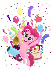 Size: 1364x1888 | Tagged: safe, artist:dannylim86, character:pinkie pie, balloon, bipedal, cake, confetti, female, food, open mouth, party cannon, party horn, phonograph, simple background, solo, starry eyes, white background, wingding eyes