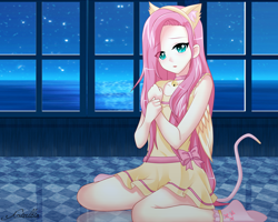 Size: 3000x2400 | Tagged: safe, artist:srtagiuu, character:fluttershy, species:human, cat ears, cat tail, cute, fake ears, female, fluttercat, humanized, solo, srtagiuu is trying to murder us, winged humanization