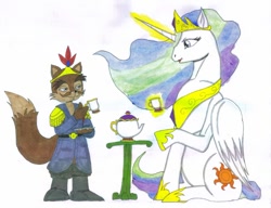 Size: 826x633 | Tagged: safe, artist:gojira007, character:princess celestia, species:alicorn, species:pony, crossover, female, king acorn, mare, sitting, sonic the hedgehog (series), traditional art