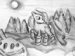 Size: 1920x1440 | Tagged: safe, artist:heromewtwo, character:pinkie pie, charcoal drawing, clothing, crossover, female, fir tree, forest, ice, monochrome, pokémon, snow, socks, solo, traditional art, vanillite, winter