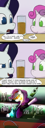 Size: 495x1414 | Tagged: safe, artist:dryayberg, character:rarity, character:sweetie belle, absinthe, alcohol, bartender, burnt, clothing, comic, cooking the absinthe, juice, kamina sunglasses, match, older, piercing, shirt, vest
