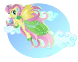 Size: 567x454 | Tagged: safe, artist:kawaii-desudesu, character:fluttershy, clothing, cloud, cloudy, dress, female, gala dress, partial background, solo
