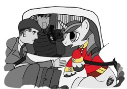 Size: 500x350 | Tagged: safe, artist:dantheman, character:shining armor, oc, species:human, fanfic:chrysalis visits the hague, badge, black and white, car, chapter image, clothing, crossed hooves, duo focus, fanfic, fanfic art, fimfiction, fimfiction.net link, lawyer, monochrome, necktie, neo noir, nervous, netherlands, partial color, police, pony on earth, scared, taxi, uniform