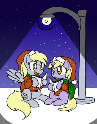 Size: 1556x2000 | Tagged: safe, artist:blayaden, character:derpy hooves, character:dinky hooves, species:pegasus, species:pony, caroling, clothing, equestria's best mother, female, hat, lamppost, mare, santa hat, scarf, singing, sitting, sweater