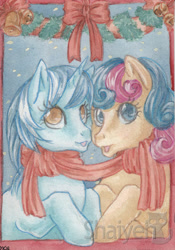 Size: 400x573 | Tagged: safe, artist:shaiyeh, character:bon bon, character:lyra heartstrings, character:sweetie drops, species:earth pony, species:pony, species:unicorn, ship:lyrabon, christmas, clothing, female, lesbian, mare, scarf, shared clothing, shared scarf, shipping, snow, snowfall