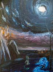 Size: 1280x1716 | Tagged: safe, artist:tridgeon, character:princess luna, oc, canterlot, moon, mountain, night, oil painting, painting, ponyville, scenery, traditional art, tree