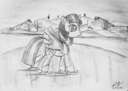 Size: 1784x1272 | Tagged: safe, artist:heromewtwo, character:twilight sparkle, character:twilight sparkle (alicorn), species:alicorn, species:pony, female, ice, ice skating, mare, monochrome, skating, solo, traditional art