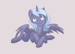 Size: 1888x1364 | Tagged: safe, artist:theglassaddiction, character:princess luna, cute, female, filly, looking at you, lunabetes, prone, s1 luna, smiling, solo, spread wings, wings, woona