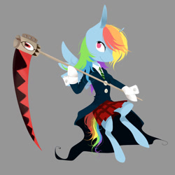 Size: 1024x1024 | Tagged: safe, artist:katemaximova, character:rainbow dash, clothing, cosplay, crossover, female, looking at you, maka albarn, scythe, simple background, skirt, solo, soul eater
