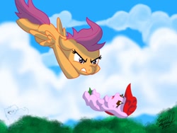 Size: 1024x768 | Tagged: safe, artist:emr0304, character:scootaloo, oc, oc:rose blossom, danger, determined, falling, rescue
