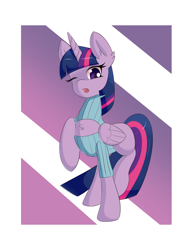 Size: 1024x1325 | Tagged: safe, artist:mintybit, character:twilight sparkle, character:twilight sparkle (alicorn), species:alicorn, species:pony, chest fluff, clothing, female, keyhole turtleneck, mare, one eye closed, open-chest sweater, raised hoof, solo, sweater, turtleneck