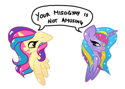 Size: 1280x912 | Tagged: safe, artist:purrling, character:princess gold lily, character:princess sterling, background pony strikes again, feminism, mouthpiece, old drama, op is a duck, op is trying to start shit, subversive kawaii