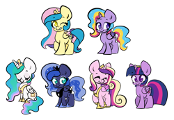 Size: 1280x887 | Tagged: safe, artist:purrling, character:princess cadance, character:princess celestia, character:princess gold lily, character:princess luna, character:princess sterling, character:twilight sparkle, character:twilight sparkle (alicorn), species:alicorn, species:pony, alicorn hexarchy, alicorn tetrarchy, chibi, png