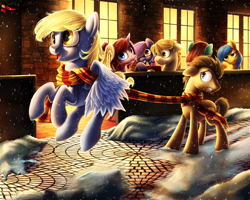 Size: 1280x1024 | Tagged: safe, artist:chryseum, character:derpy hooves, character:doctor whooves, character:time turner, species:pegasus, species:pony, ship:doctorderpy, clothing, female, floppy ears, flying, male, mare, scarf, scrunchy face, shared clothing, shared scarf, shipping, smiling, snow, snowfall, straight, winter