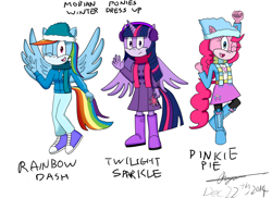 Size: 2338x1700 | Tagged: safe, artist:infinityr319, character:pinkie pie, character:rainbow dash, character:twilight sparkle, character:twilight sparkle (alicorn), species:alicorn, species:anthro, species:plantigrade anthro, clothing, earmuffs, equestria girls outfit, scarf, sonic the hedgehog (series), sonicified, style emulation, trenchcoat, winter outfit